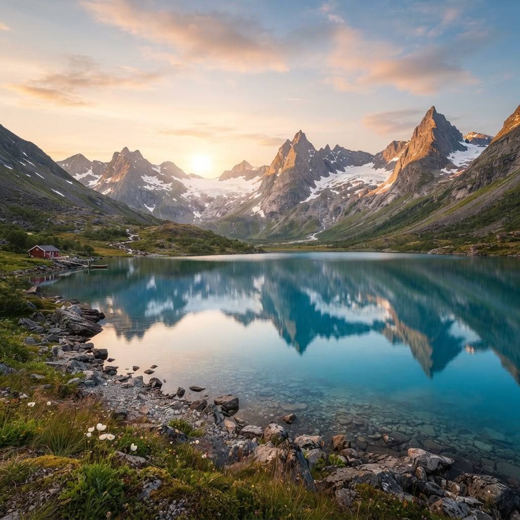 Secret Lakes of Northern Norway: Hidden Arctic Gems 2 The midnight sun casts a golden glow over a hidden Arctic lake.