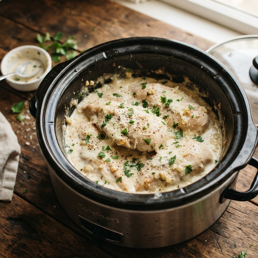 Creamy garlic parmesan chicken ready to be served from the slow cooker.