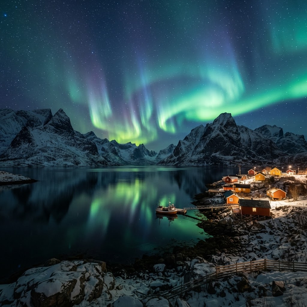 When the Sky Turns Green in Norway: A Guide to the Aurora 2 The magical green glow of the Northern Lights over a quiet Norwegian fjord.