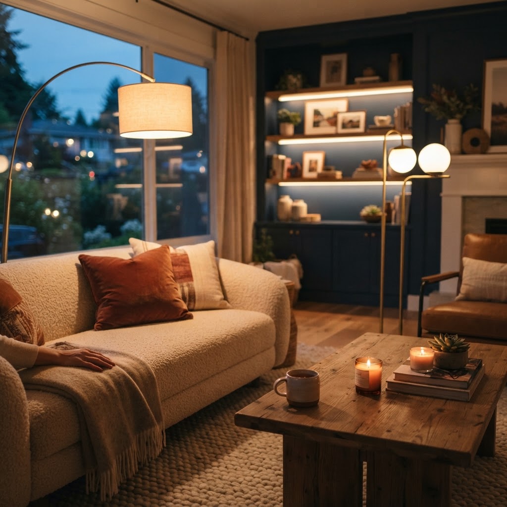 Warm layered lighting creates a cozy, inviting atmosphere in any living space.