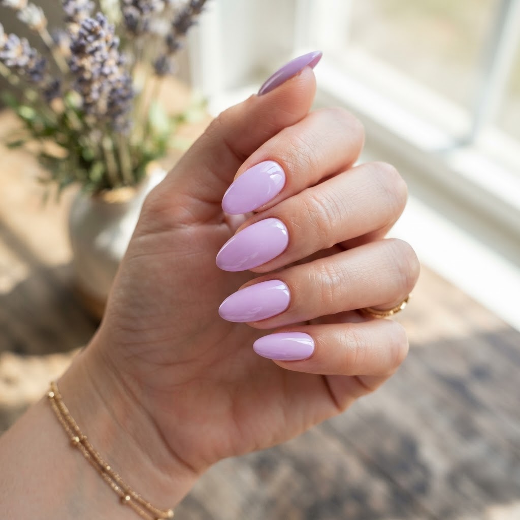 Elegant almond press-on nails in lavender.