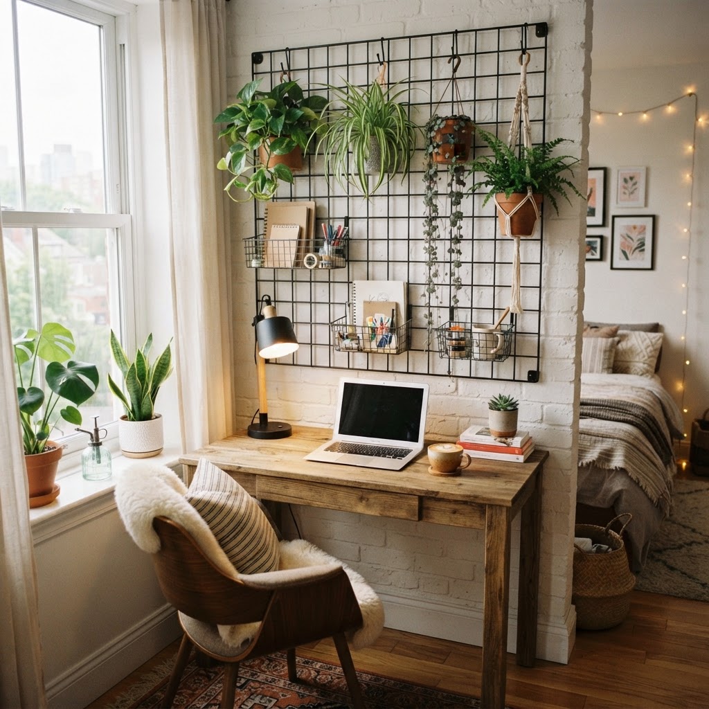 Grid wall panels provide flexible, stylish storage for any room.