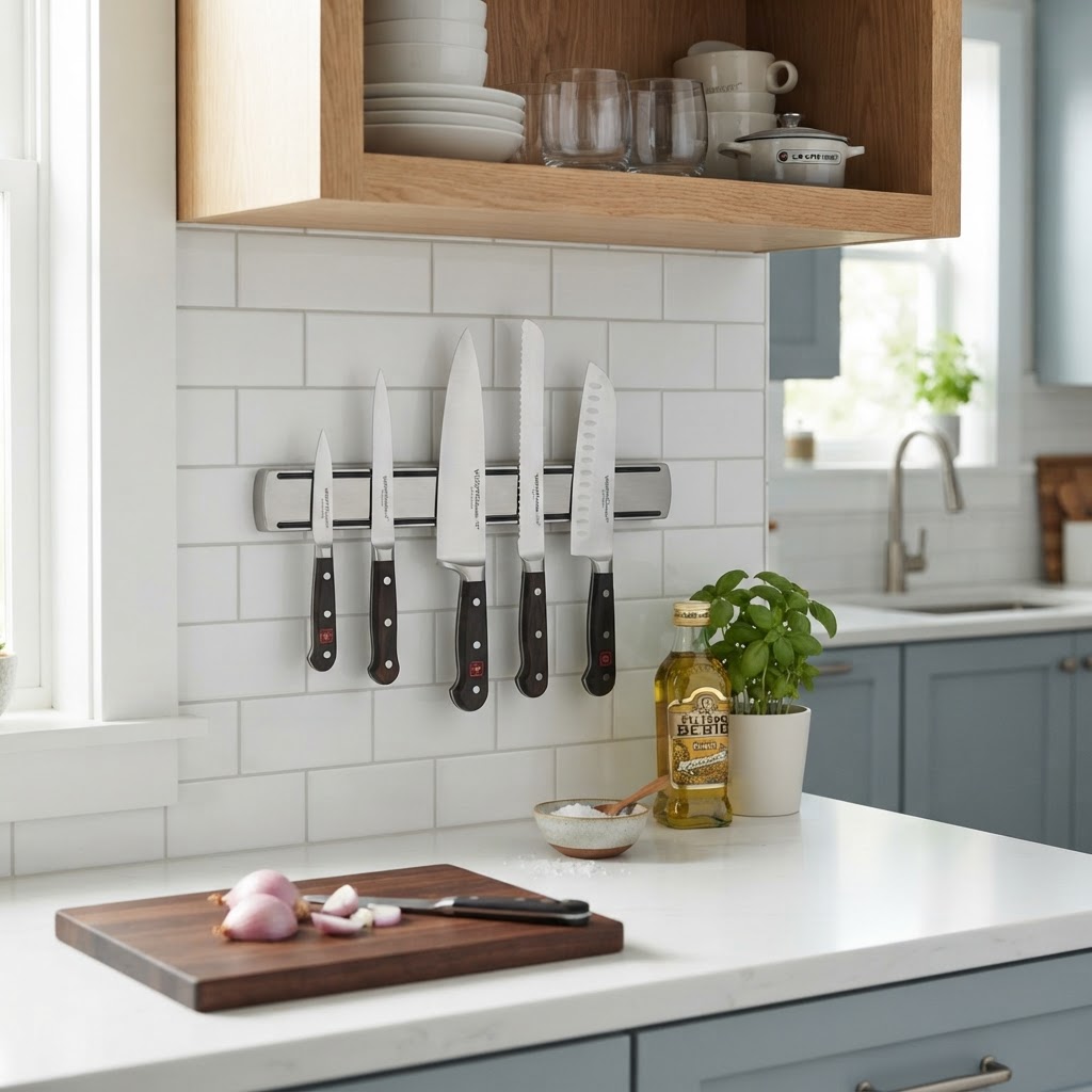 A stainless steel knife strip saves counter space and keeps blades sharp.