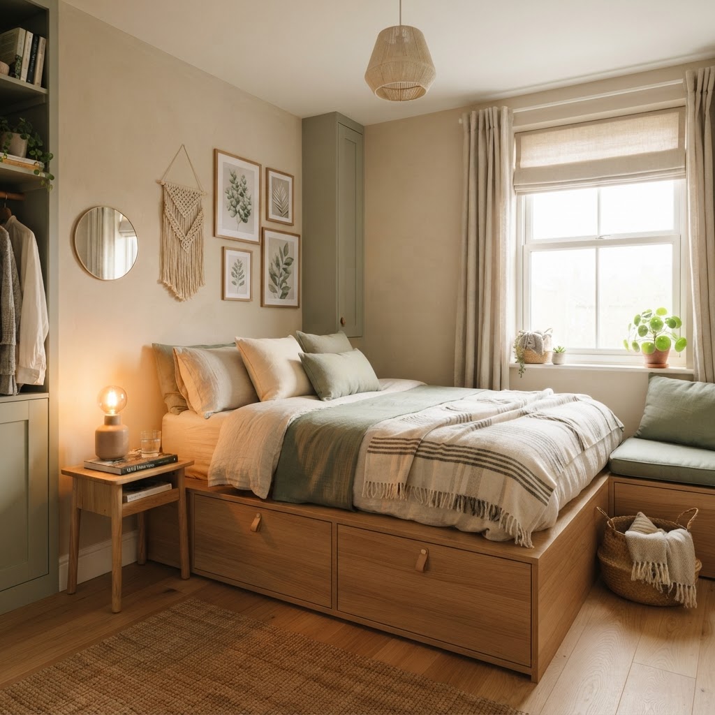 A platform bed with built-in drawers is a game-changer for tiny bedrooms.