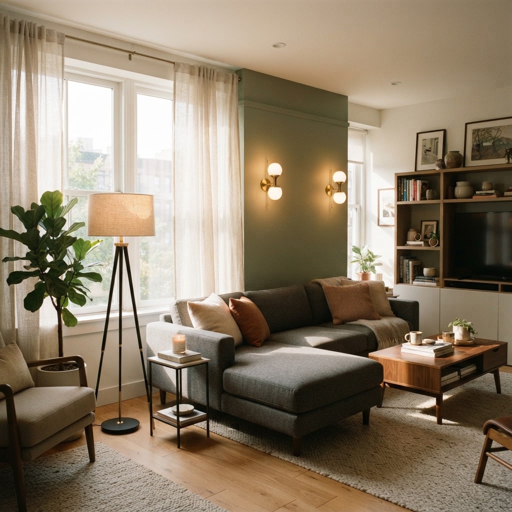 Layered lighting creates depth in a small living area.