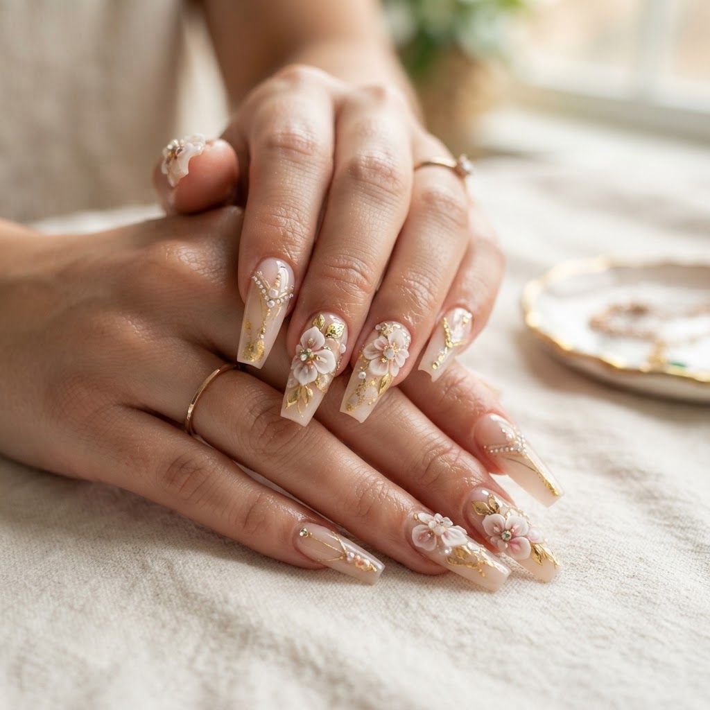 Sophisticated 3D floral press-on nails for a glamorous salon look.