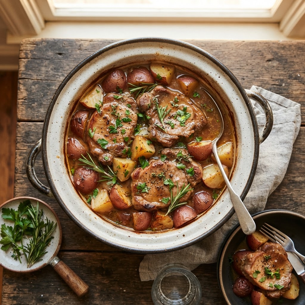 Perfectly cooked pork chops and potatoes fresh from the slow cooker.