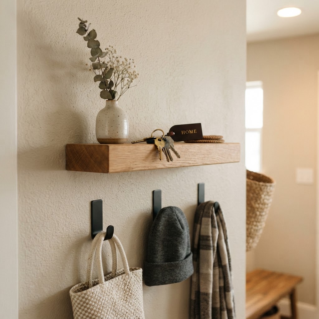 Utilize vertical wall space with hooks and shelves to keep your entryway floor clear.
