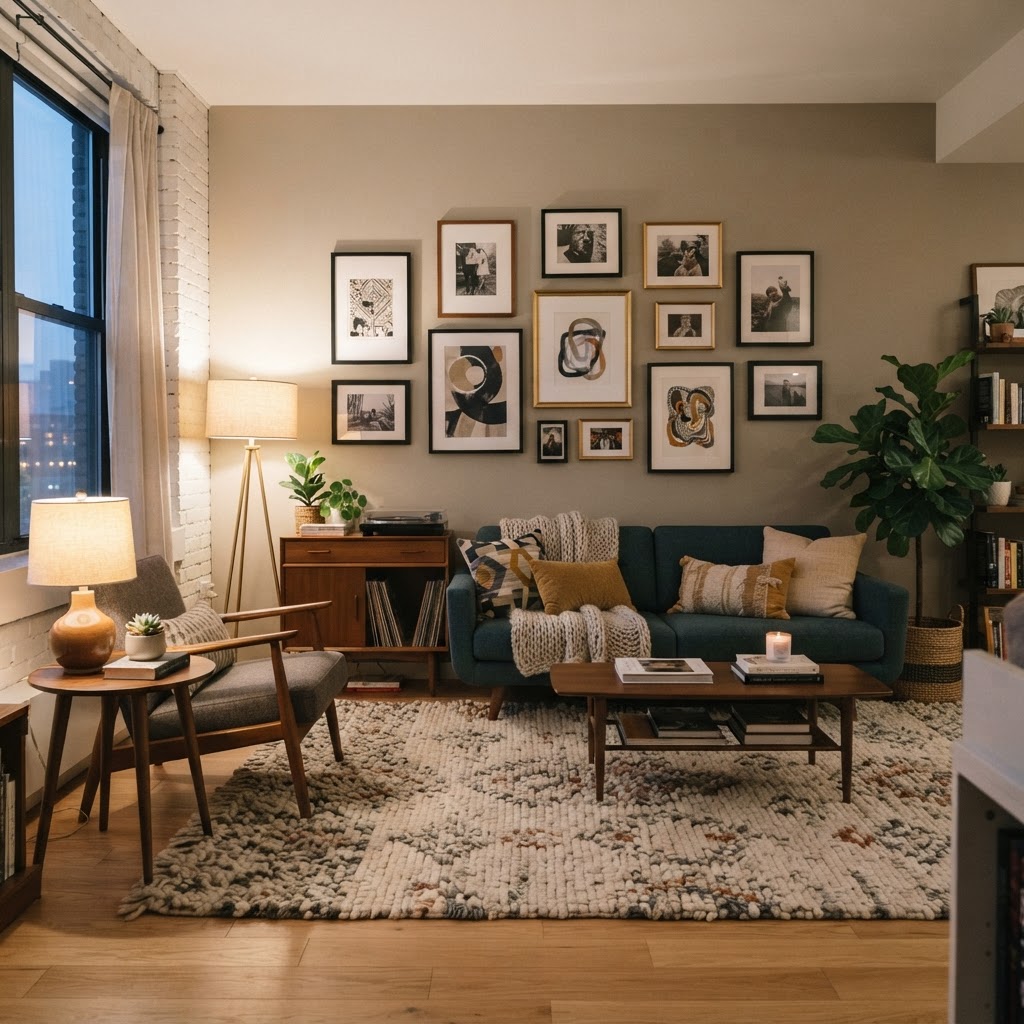 A well-curated gallery wall and textured rug can anchor any living space.