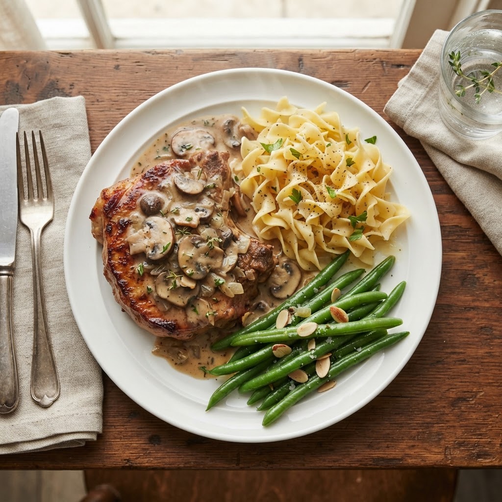 A classic, comforting serving suggestion with noodles and vegetables.