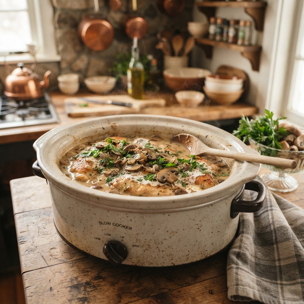 Creamy slow cooker chicken marsala ready to serve.