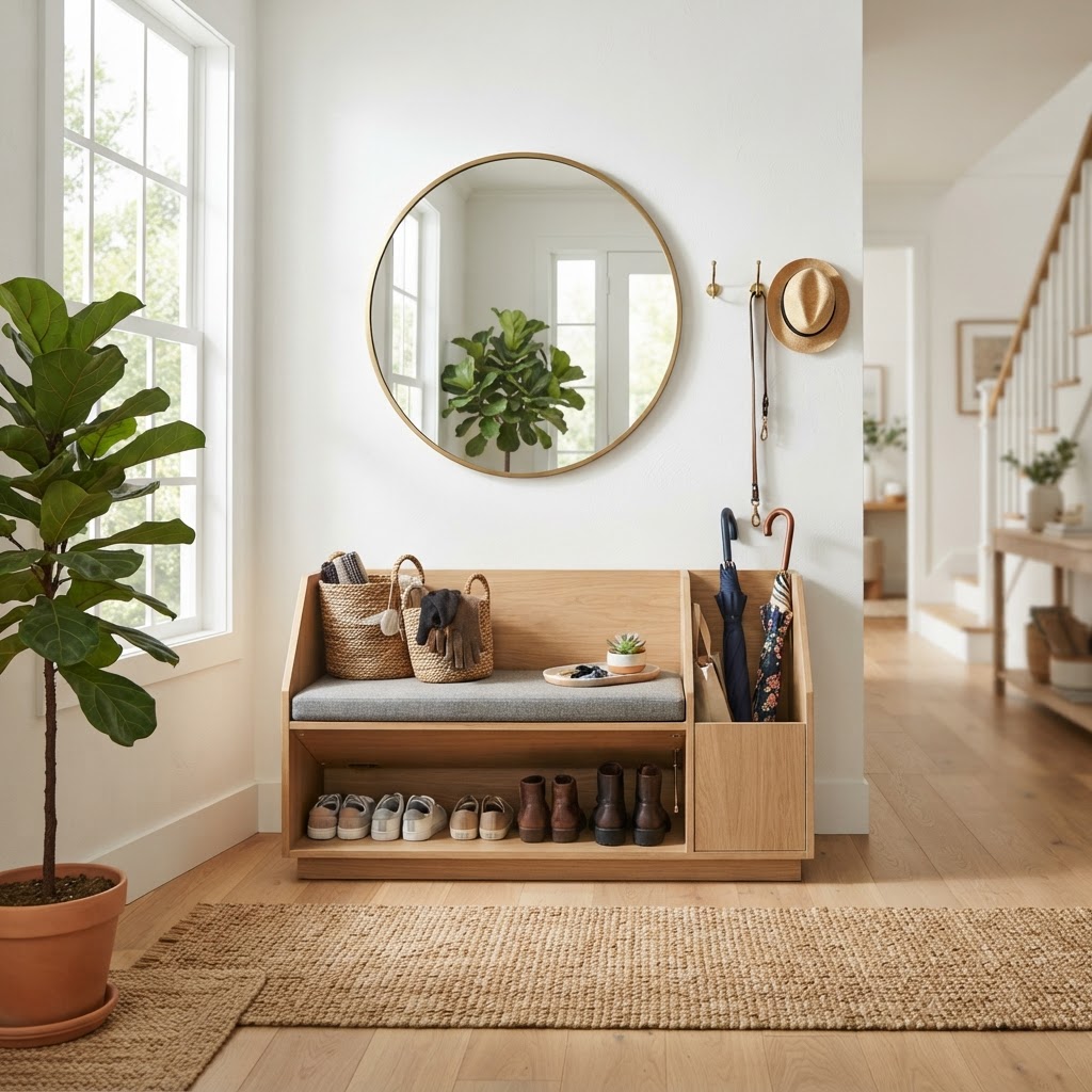 Dual-purpose furniture like storage benches are essential for tiny homes.