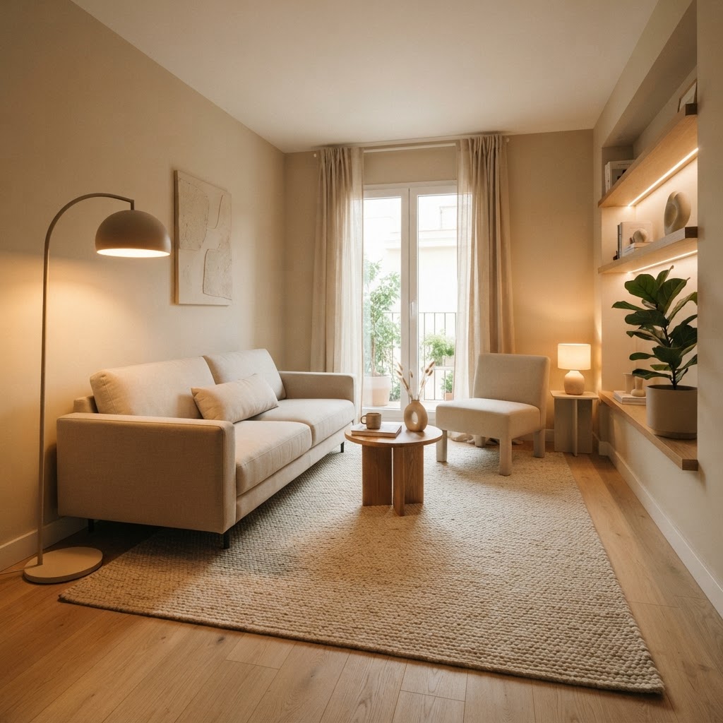 A large, well-placed rug grounds your small living room furniture.