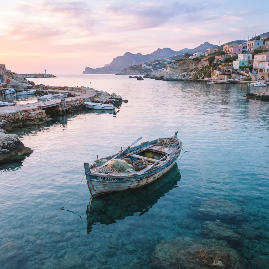 Fishing boats resting peacefully in a sheltered Mediterranean harbor.