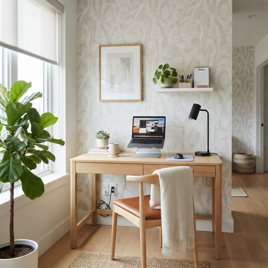Define your workspace with a subtle wallpaper accent to boost productivity.