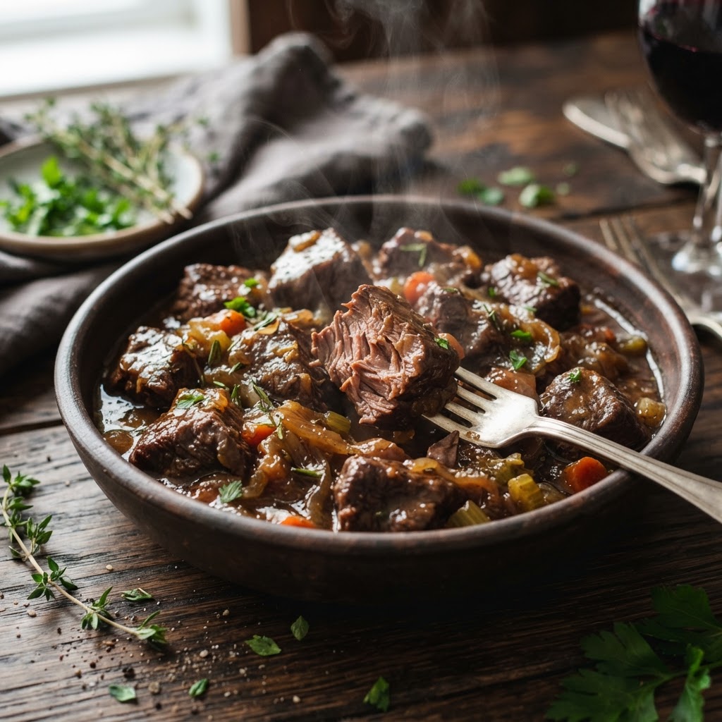 Fall-apart beef tips showing the rich, savory gravy texture.