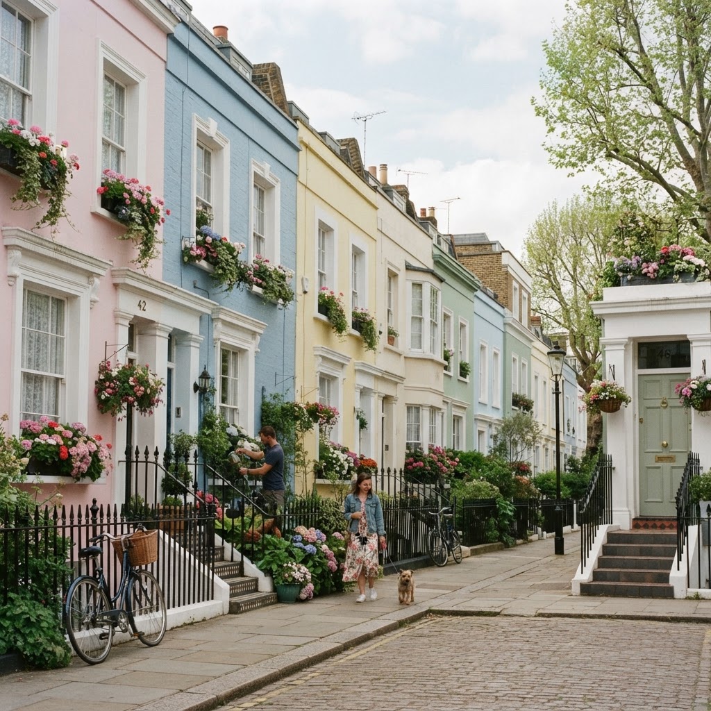 Pastel-hued townhouses create a perfect London aesthetic in Notting Hill.