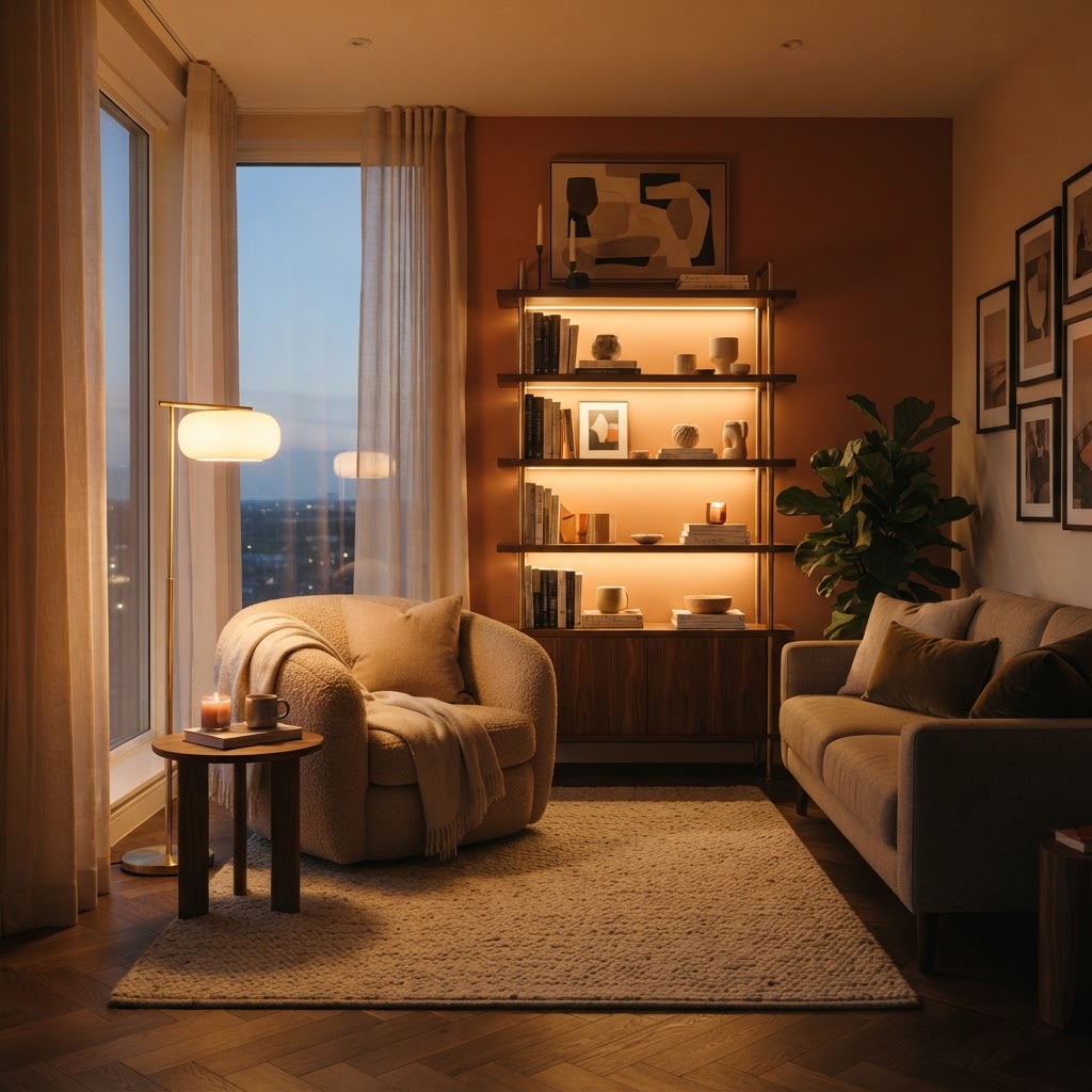 Layered lighting creates a cozy, multi-dimensional living room.