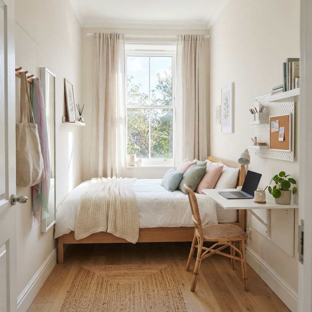 Tall curtains and a floating desk create a sophisticated and spacious feel.