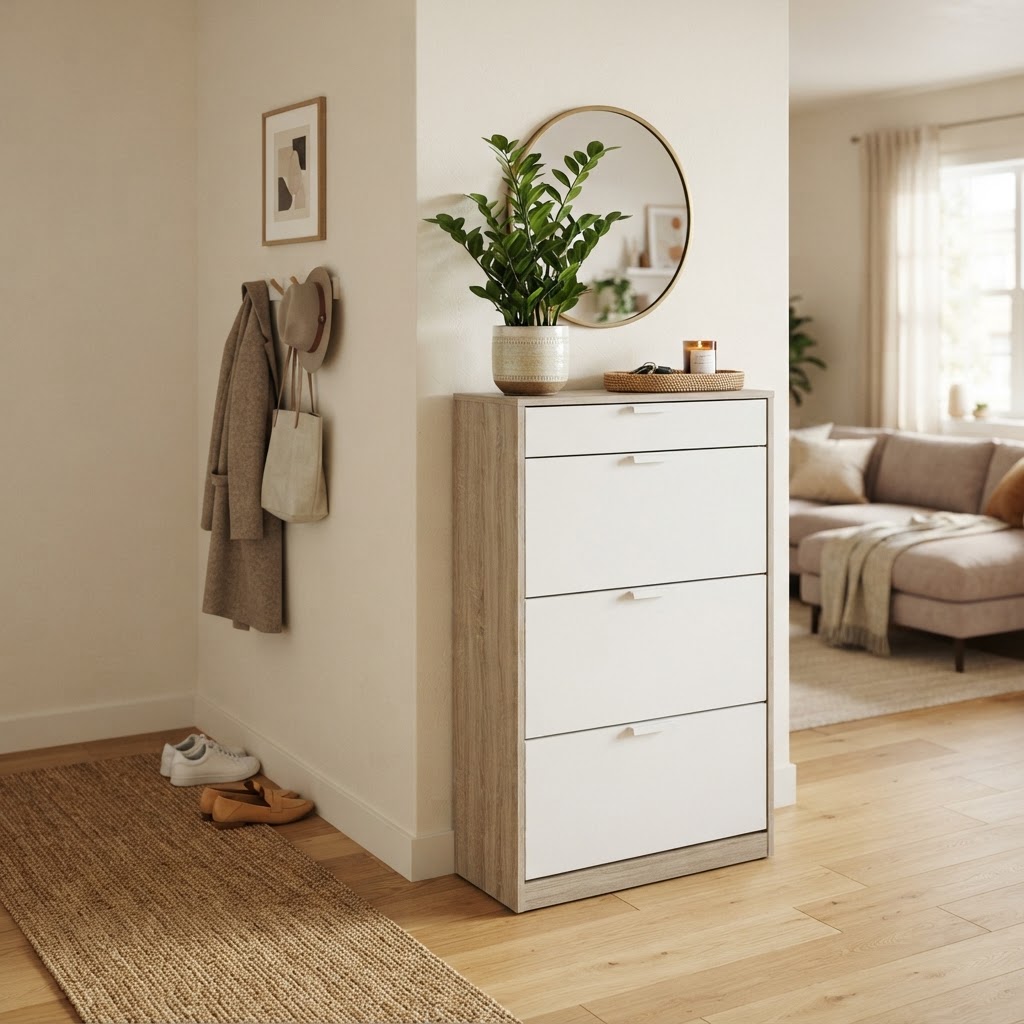 Vertical shoe cabinets hide clutter effectively.