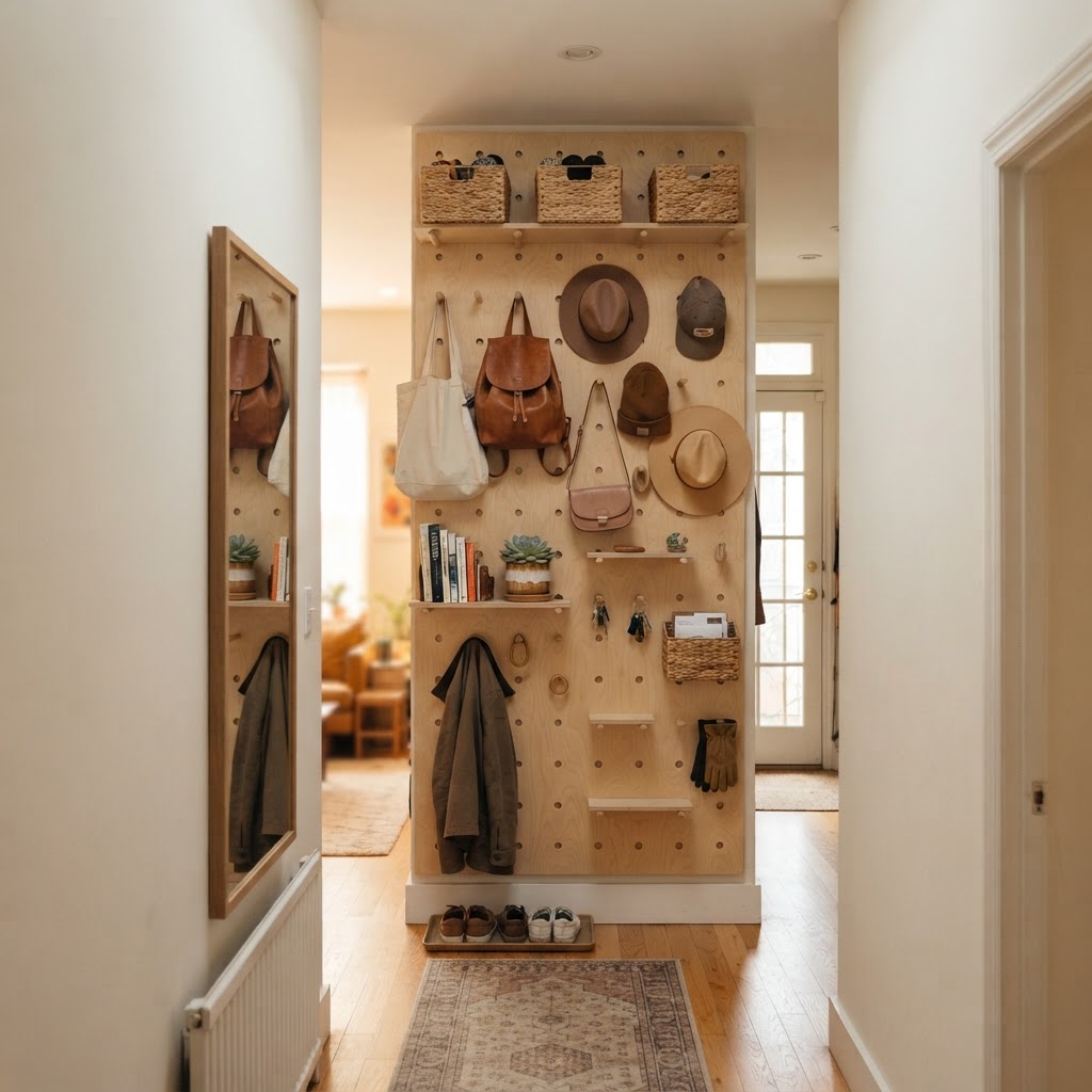Vertical storage systems like pegboards are perfect for keeping tiny hallways clutter-free.