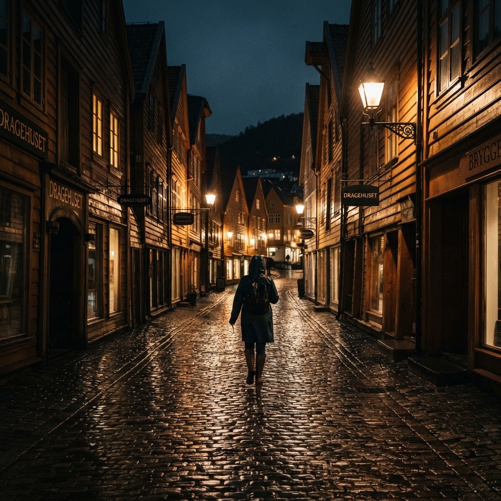 The atmospheric, wet cobblestone streets of Bergen create a perfect mood for an evening stroll.
