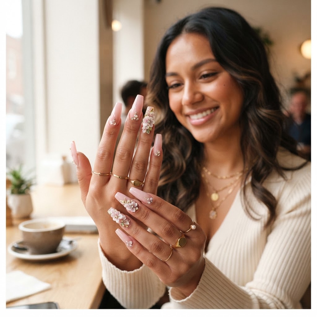 Model showcasing aesthetic 3D bow nails.