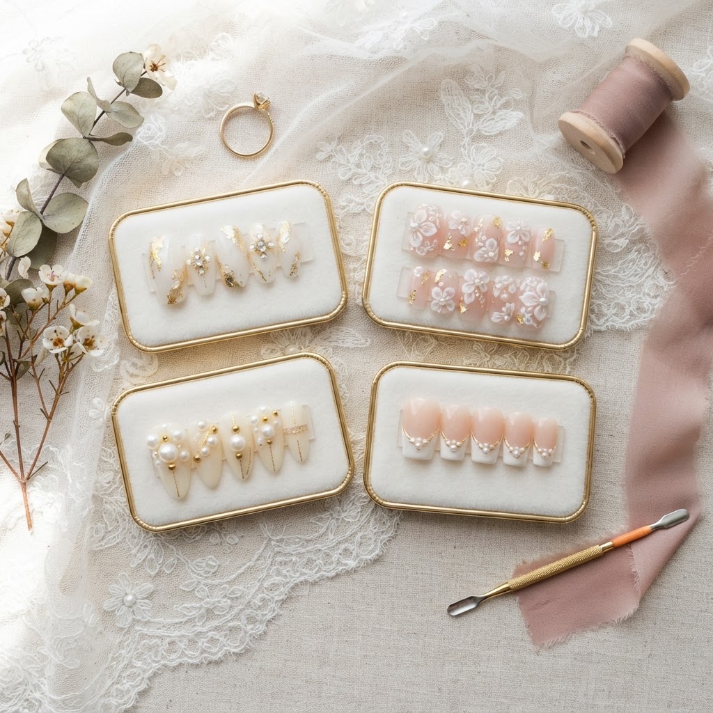 A collection of sophisticated pearl and gold bridal nail designs.