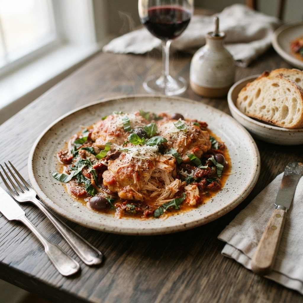 A perfectly plated serving of healthy Tuscan chicken.