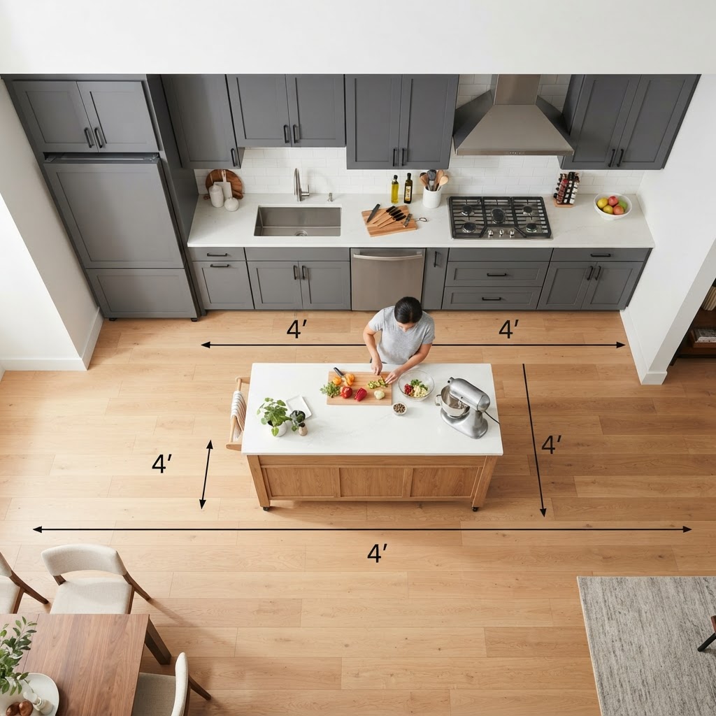 A mobile island adds flexibility to any one-wall kitchen layout.