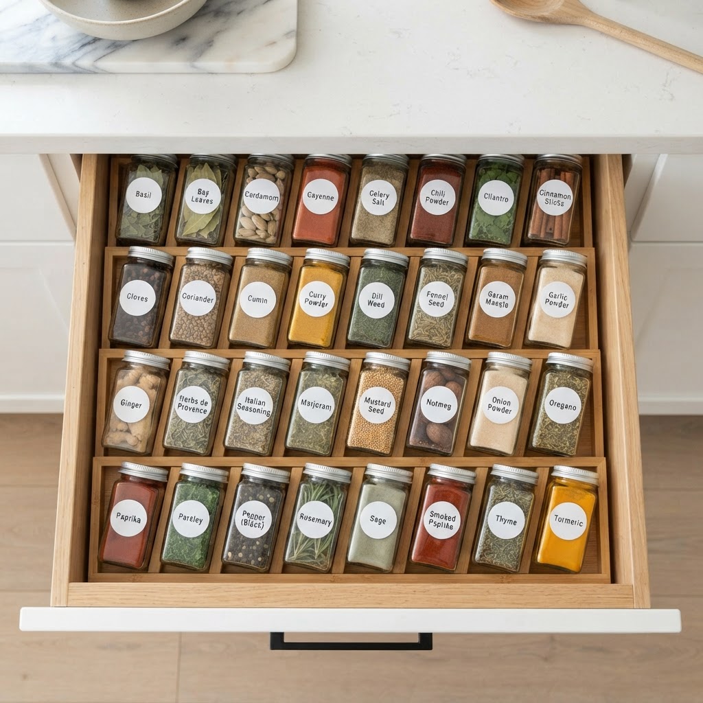 Angled drawer inserts provide easy access to spices.