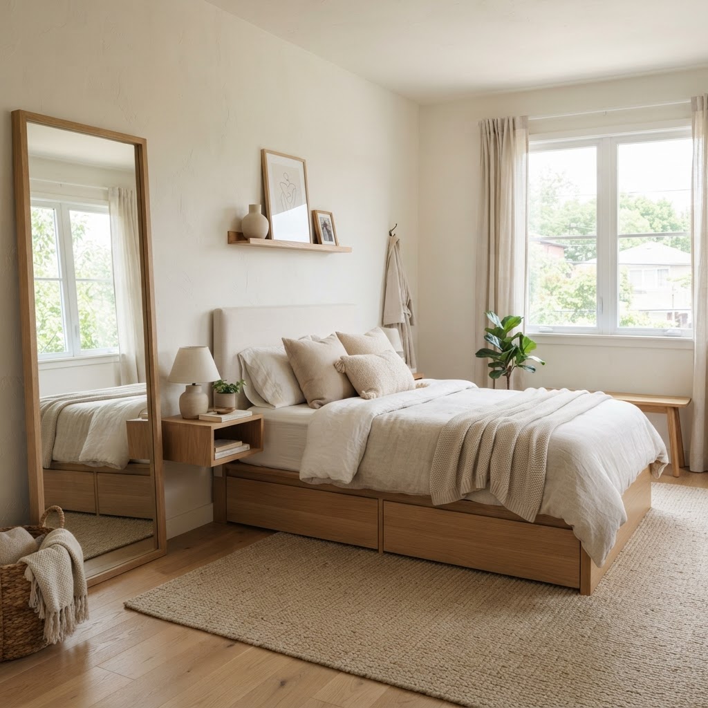 A small bedroom that uses mirrors to create the illusion of space.
