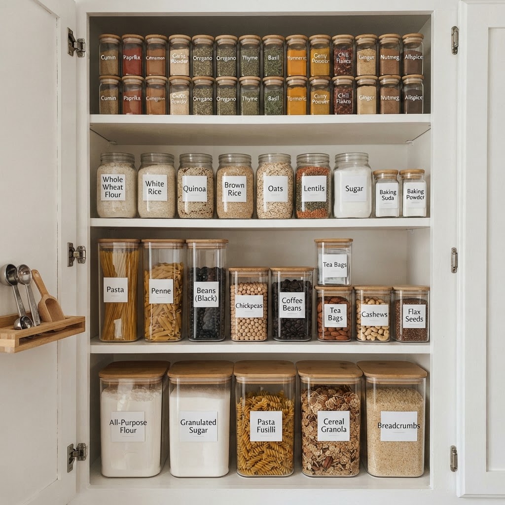 Keep shelves organized with labeled, clear containers.