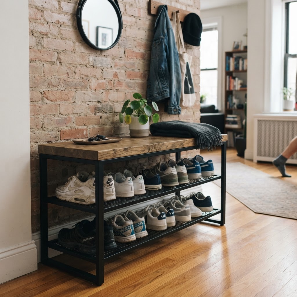 Industrial benches offer great visibility and storage for active households.
