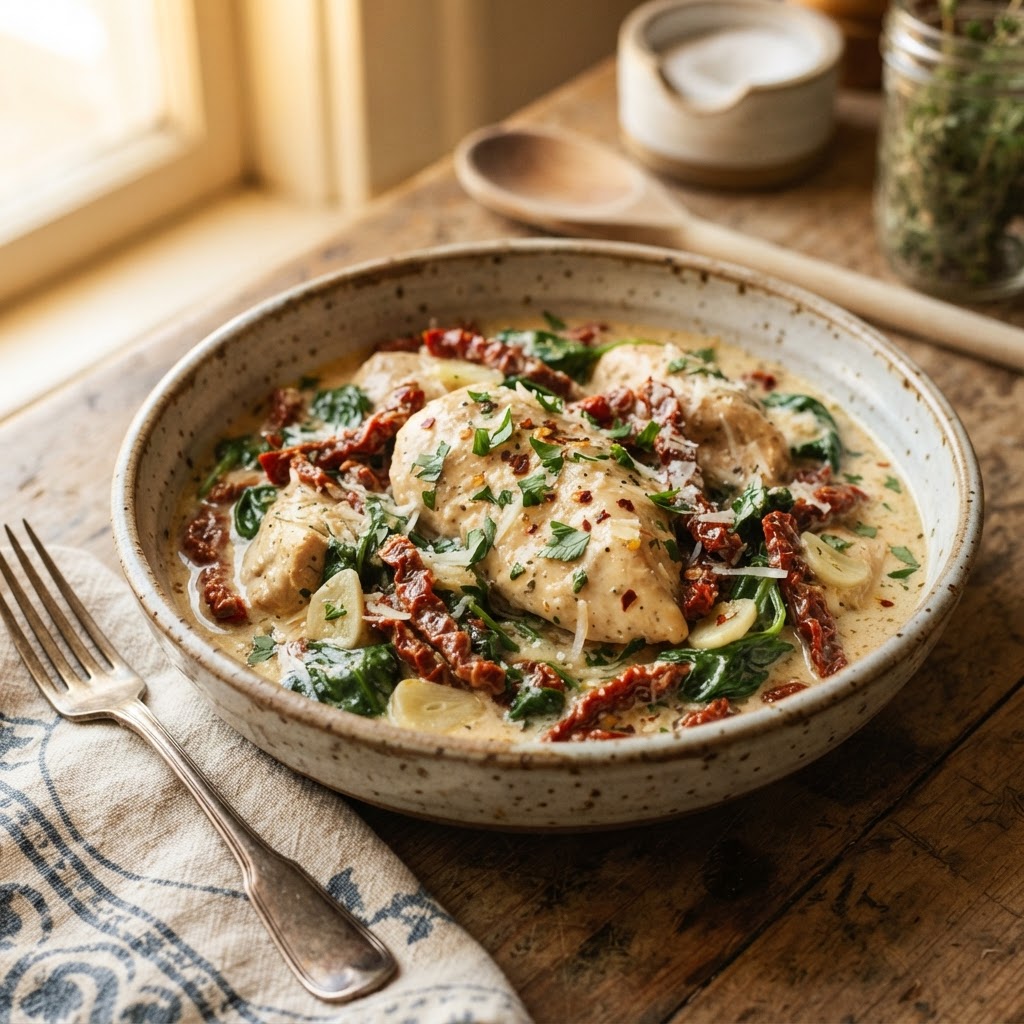 Creamy Slow Cooker Tuscan Chicken with sun-dried tomatoes and spinach.