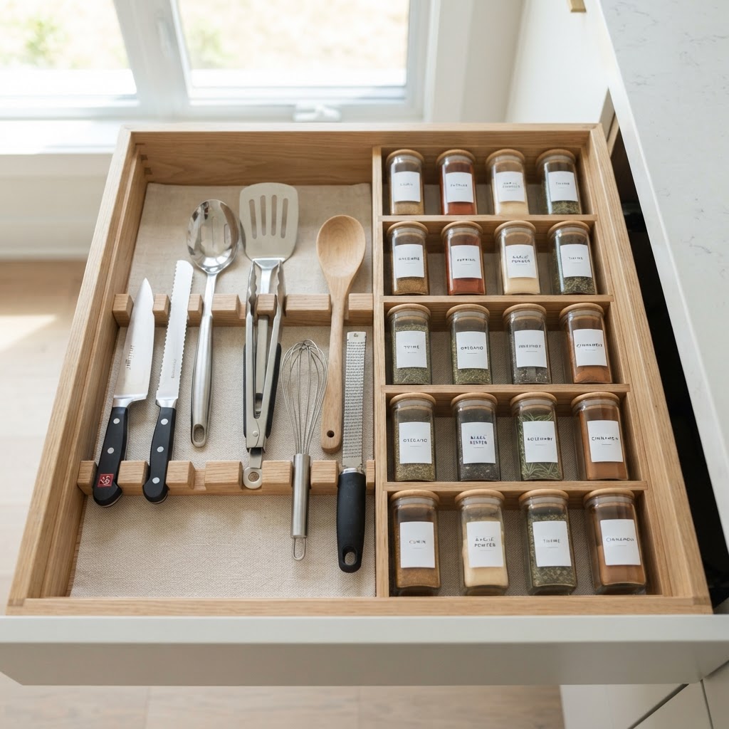 Proper drawer organization is key to maintaining a minimalist kitchen workflow.