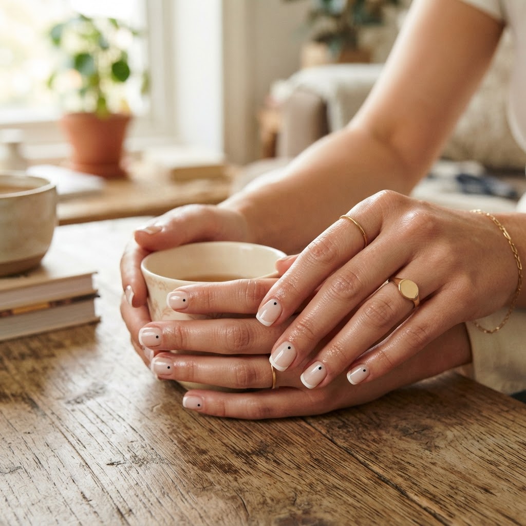 Minimalist square french tip press-on nails with subtle polka dot details.