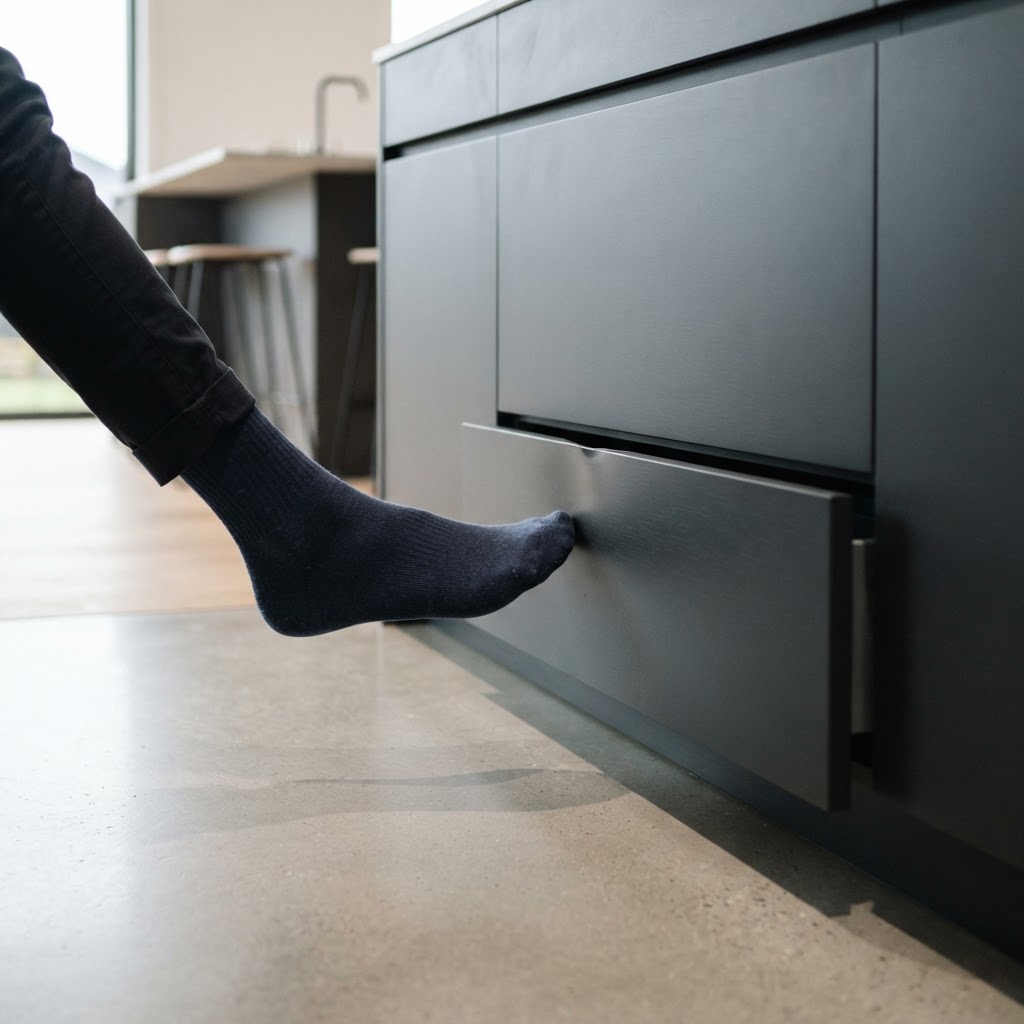 Modern, handle-less design makes accessing your toe-kick storage effortless.