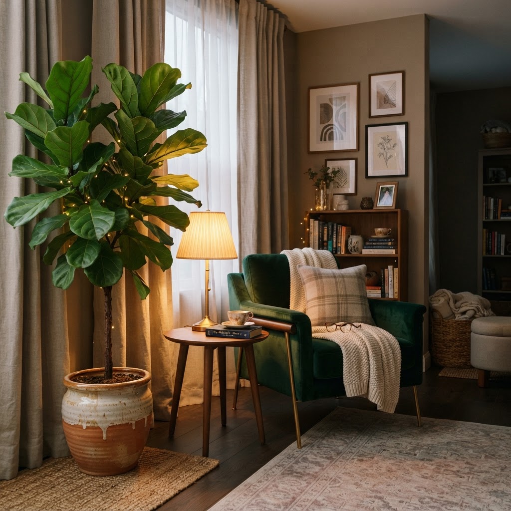 Strategically placed plants and ambient lighting transform an empty corner into a cozy, high-end reading nook.