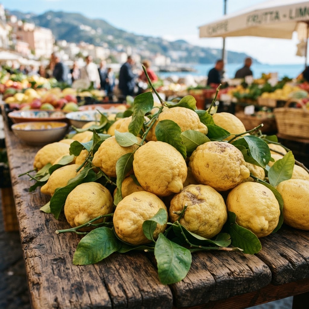 Freshly picked Sorrento lemons, known for their thick, aromatic rinds.
