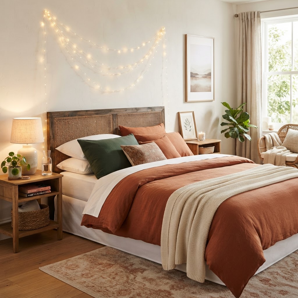Soft lighting and rich textiles turn a rental bedroom into a seasonal sanctuary.