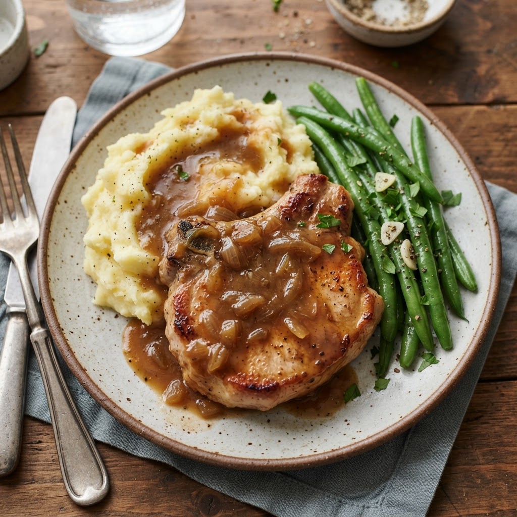 A perfectly plated pork chop dinner with gravy and sides.