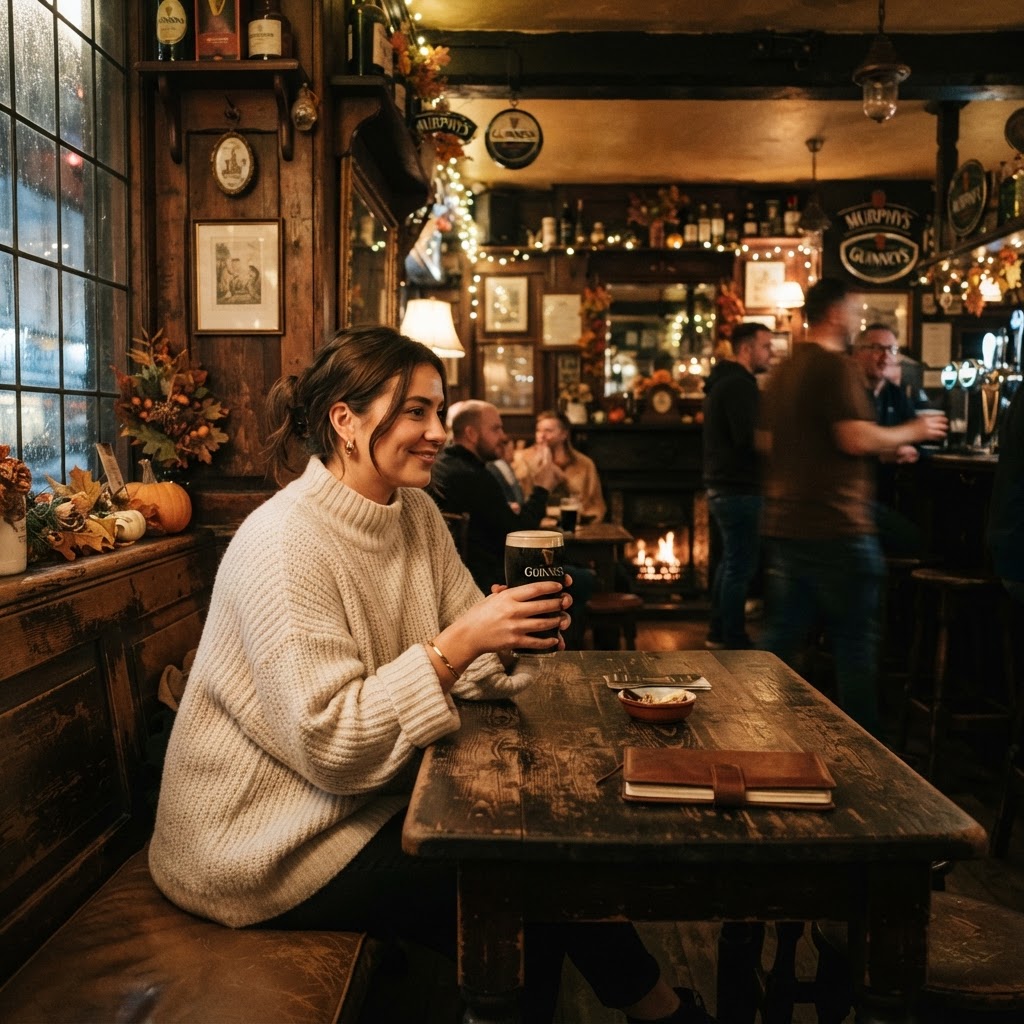 Comfortable layers are essential for enjoying the cozy atmosphere of a traditional Dublin pub.
