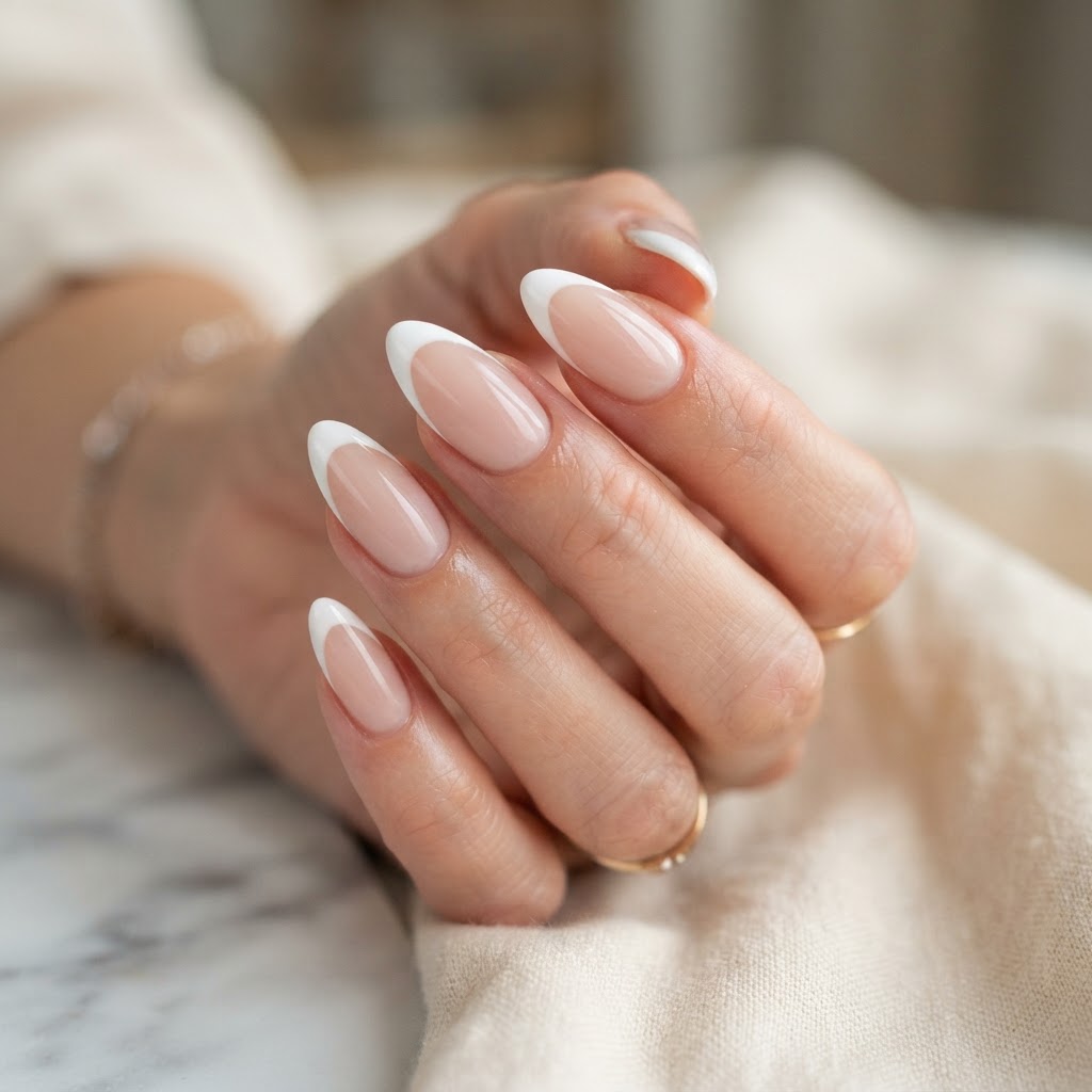 Elegant almond French tip press-ons for a timeless look.