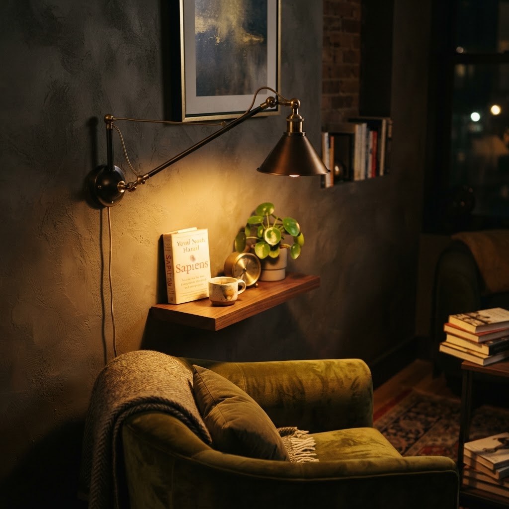 Wall-mounted lighting clears floor space for a larger feel.