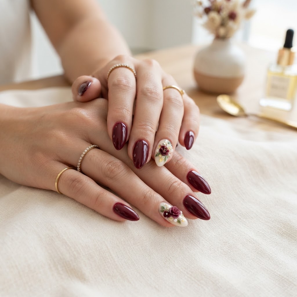 Almond-shaped press-on nails with 3D floral accents.
