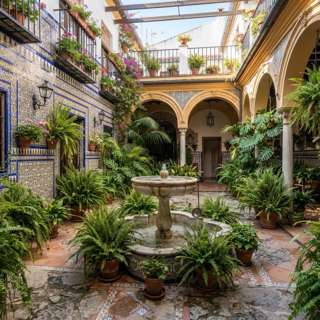 A typical Sevillian courtyard featuring classic blue and white azulejos.
