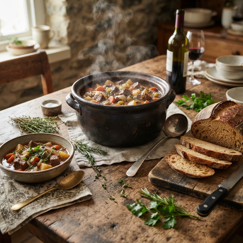 A hearty and delicious slow cooker beef stew ready to serve.