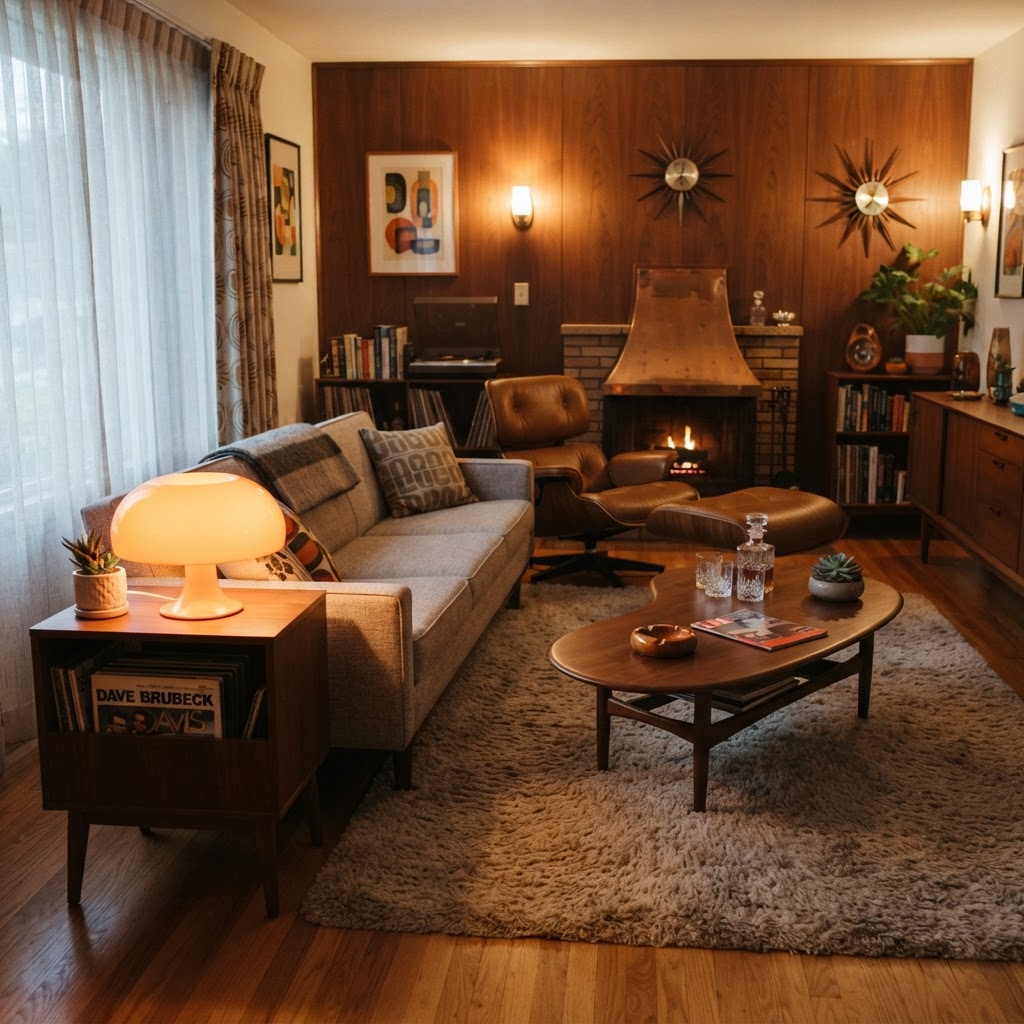 A classic retro glow lamp adds a touch of warmth to this mid-century corner.