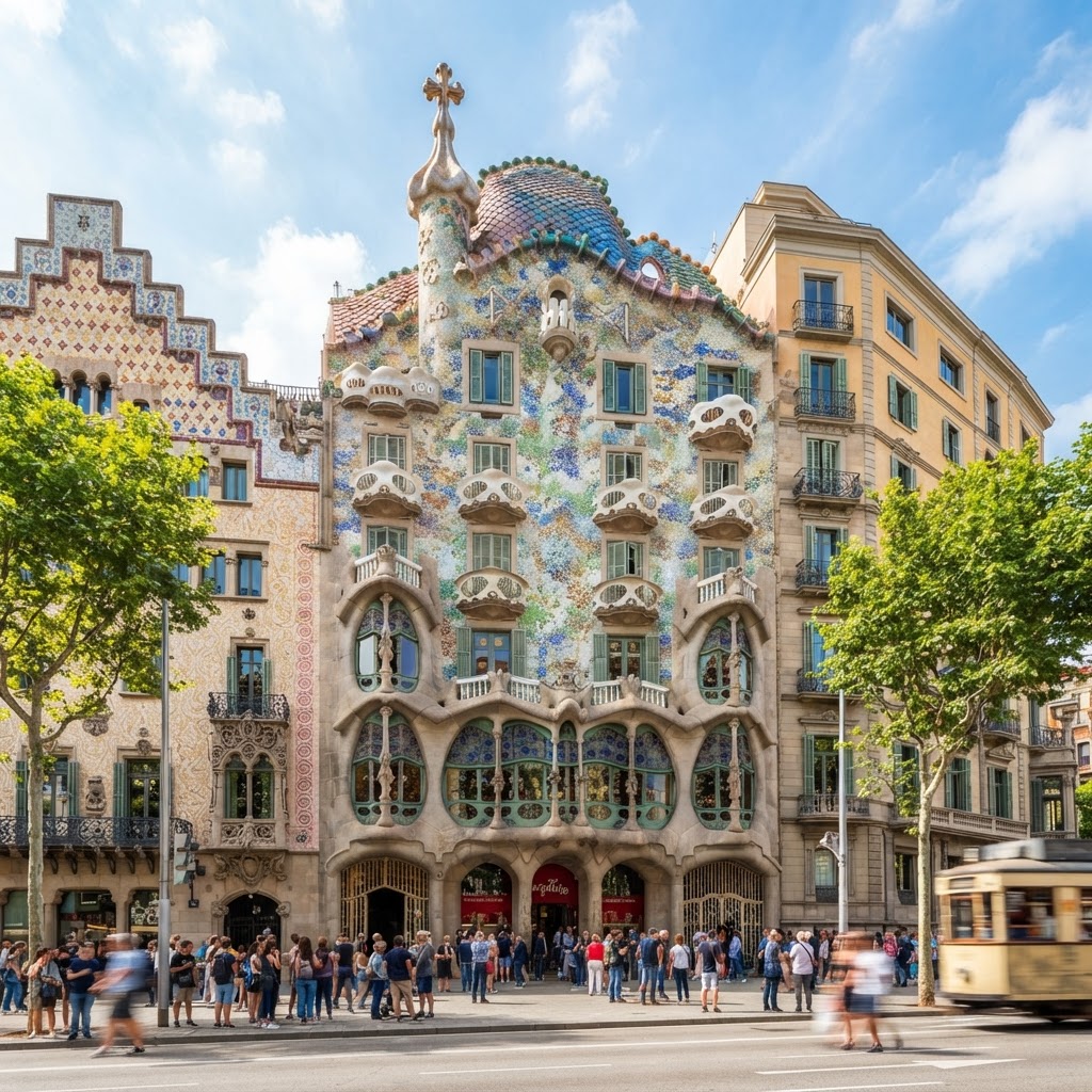 The iconic, iridescent facade of Casa Batlló along the Passeig de Gràcia.
